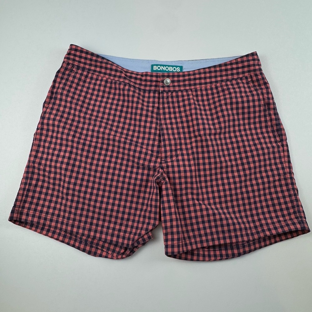 Bonobos Swim Trunks Mens 32 Pink Navy Blue Gingham Check 5" Inseam Riviera